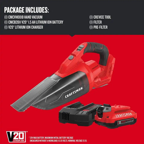 CRAFTSMAN V20 Cordless Hand Vacuum, 45 CFM, 2 Stage Filtration System with Filter, Battery and Charger Included (CMCVH001C1)