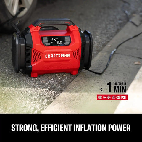 CRAFTSMAN Dual Power Tire Inflator with Digital Gauge & Auto Shut-Off | 12V DC Car Plug and 120V AC Home Use with Up to 150 PSI, LED Light, Portable Air Pump for Car Tires, Bikes and Inflatables