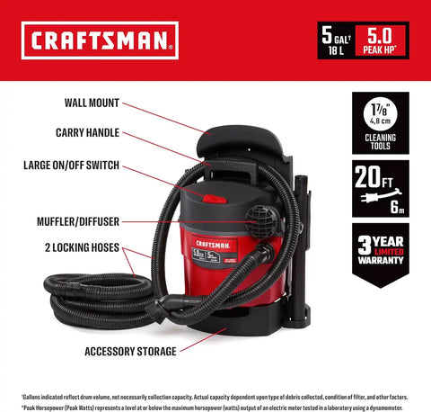 CRAFTSMAN CMXEVBE17925 5 Gallon 5.0 Peak HP Wet Dry Shop Vacuum