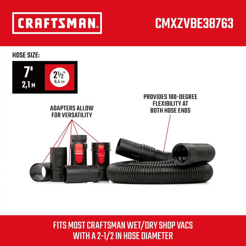 CRAFTSMAN CMXZVBE38763 2-1/2 in. x 7 ft. POS-I-LOCK Wet Dry Vacuum Hose | Industrial-Grade Shop Vacuum Hose Attachment Kit, Fits Most CRAFTSMAN Wet/Dry Vacuums with a 2-1/2 in. Diameter Inlet