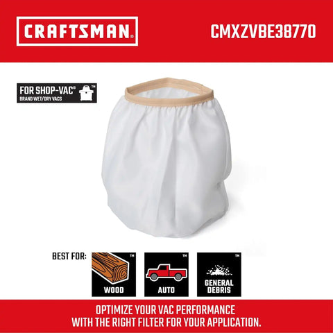 CRAFTSMAN CMXZVBE38770 Cloth Filter Bag Wet Dry Shop Vacuum Filter | Washable and Reusable Super Performance Filter for Most Shop-Vac Branded Shop Vacuums