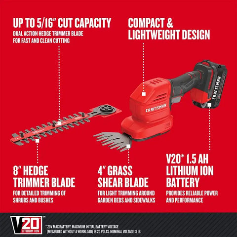 CRAFTSMAN V20 4 In. Cordless Handheld Grass Trimmer and 8 In. Mini Hedge Trimmer, Battery and Charger Included, Rechargeable 2 in 1 Grass Shear and Bush Trimmer (CMCSS800C1)
