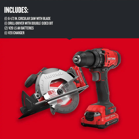 CRAFTSMAN V20 Cordless Power Tool Combo Kit, with Drill/Driver, Circular Saw, 2 Batteries and Charger (CMCK202C2)