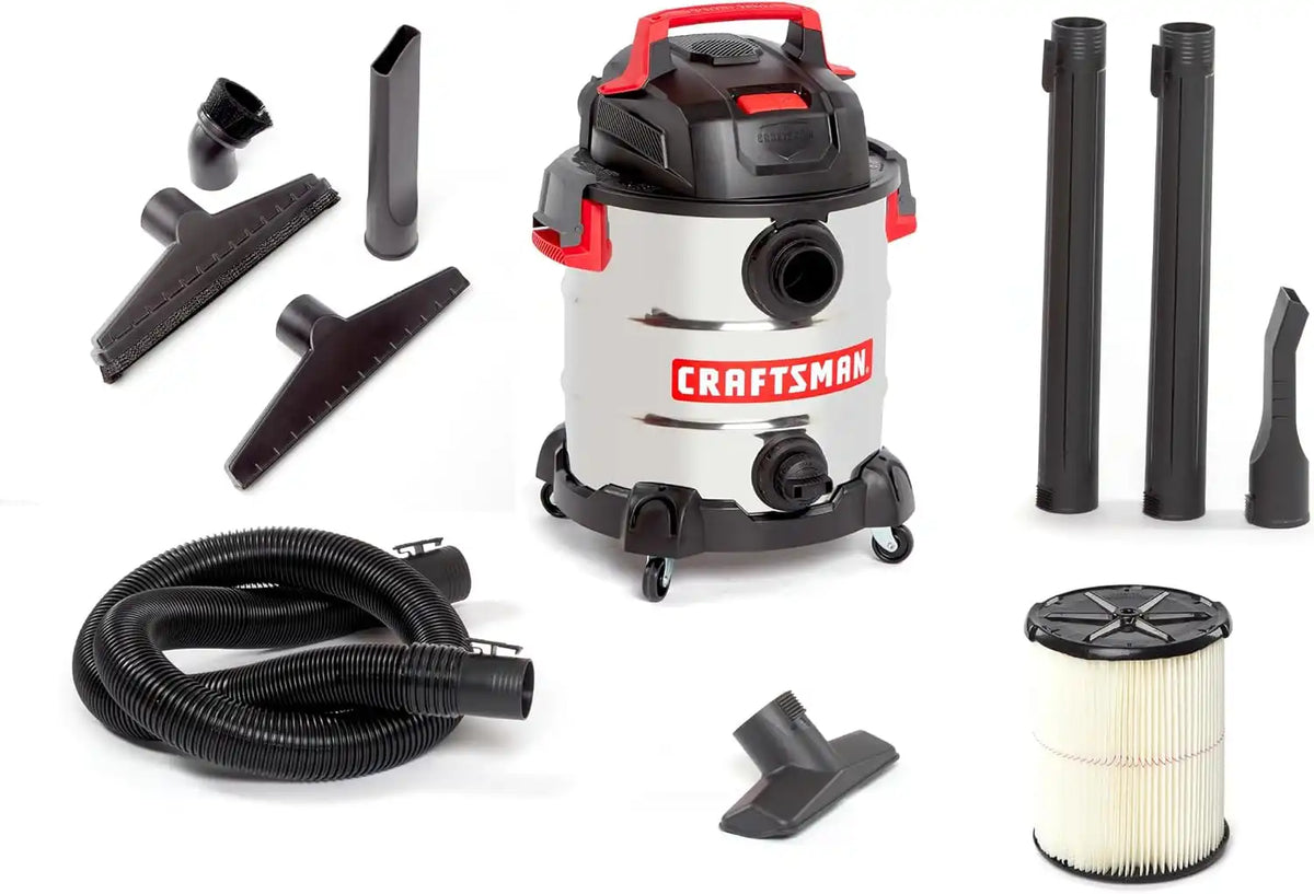 CRAFTSMAN CMXEVBE17155 10 Gallon 6.0 Peak HP Stainless Steel Wet Dry Vac, Portable Shop Vacuum Wet and Dry with Filter, Hose, DIY Cleaning Kit and Attachments for Home and Garage Use