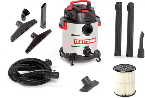 CRAFTSMAN CMXEVBE17155 10 Gallon 6.0 Peak HP Stainless Steel Wet Dry Vac, Portable Shop Vacuum Wet and Dry with Filter, Hose, DIY Cleaning Kit and Attachments for Home and Garage Use