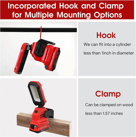 CRAFTSMAN V20 6500K LED Rechargeable Work Light, 2000LM &1000LM 2 Brightness Settings, Hook and Clamp for Multiple Mounting Options, Cordless, Battery Not Included