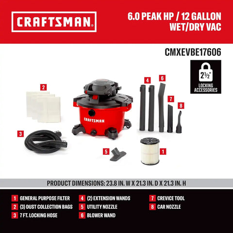 CRAFTSMAN CMXEVBE17606 12 Gallon 6.0 Peak HP Wet Dry Blower Vacuum Bundle