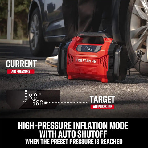 CRAFTSMAN Dual Power Tire Inflator with Digital Gauge & Auto Shut-Off | 12V DC Car Plug and 120V AC Home Use with Up to 150 PSI, LED Light, Portable Air Pump for Car Tires, Bikes and Inflatables