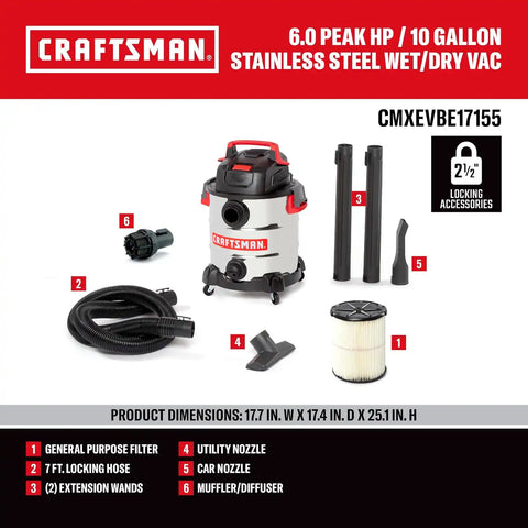 CRAFTSMAN CMXEVBE17155 10 Gallon 6.0 Peak HP Stainless Steel Vacuum Bundle