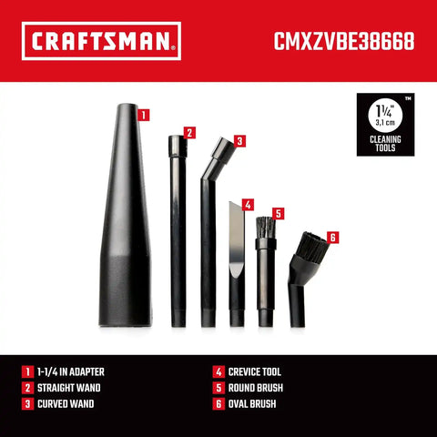 CRAFTSMAN CMXZVBE38668 1-1/4 in. 6-Piece Micro-Cleaning Vac Attachment Kit | Industrial-Grade Shop Vacuum Accessories for Intricate and Detail Cleaning, Fits 1-1/4 in. Hose Diameter