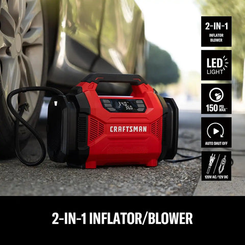 CRAFTSMAN Dual Power Tire Inflator with Digital Gauge & Auto Shut-Off | 12V DC Car Plug and 120V AC Home Use with Up to 150 PSI, LED Light, Portable Air Pump for Car Tires, Bikes and Inflatables