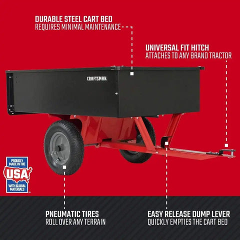 CRAFTSMAN, CMXGZBF7124355, 750-lb Capacity Steel Tow Behind Dump Cart, 12 Cubic Feet Capacity, Removable Tailgate - Garden Utility Trailer, 16” x 4” Pneumatic Tires