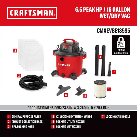 CRAFTSMAN CMXEVBE18595 16 Gallon 6.5 Peak HP Wet Dry Vac, Heavy-Duty Shop Vacuum Wet and Dry with 2 Filters, 4 Dust Bags, Hose and Attachments for Home Projects & Renovations