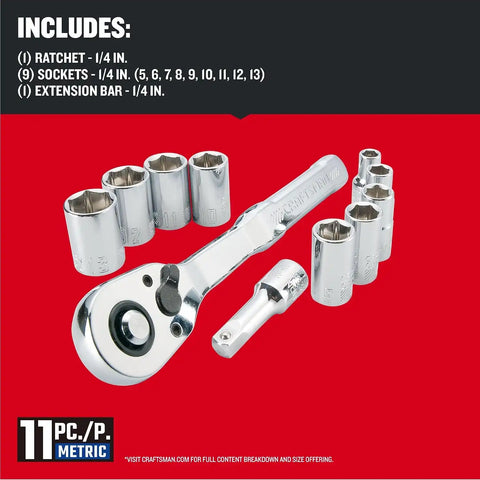 CRAFTSMAN Mechanics Tool Set, Metric, 1/4 Inch Drive, 11 Piece (CMMT34871) (Pack of 6)