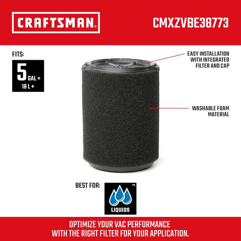 CRAFTSMAN CMXZVBE38773 Genuine 5-20 Gal. Wet Application Wet Dry Vac Filter | Fits Most 5 to 20 Gallon CRAFTSMAN Shop Vacuums, Easy Installation, Designed for High-Volume Liquid Pick-ups