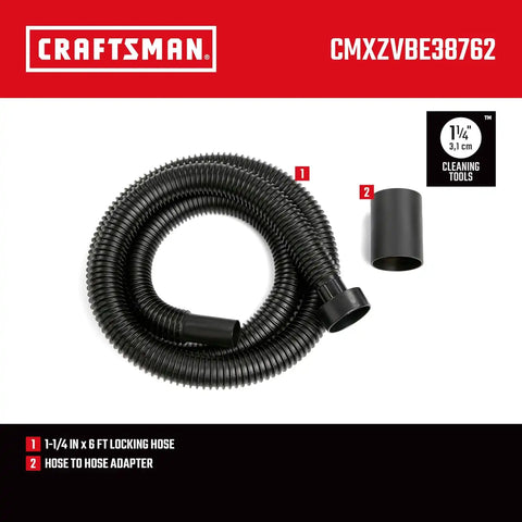 CRAFTSMAN CMXZVBE38762 1-1/4 in. x 6 ft. Friction Fit Wet Dry Vacuum Hose | Shop Vacuum Hose Attachment, Fits Most CRAFTSMAN Wet/Dry Vacs with a 2-1/2 inch Drum Inlet, Attaches to 1-1/4 in. Accessories