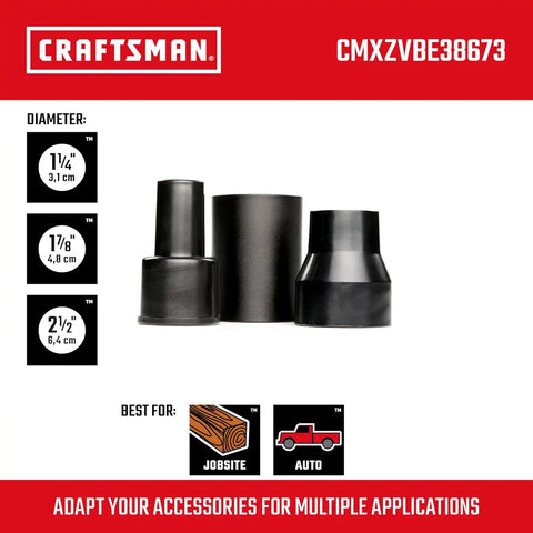 CRAFTSMAN CMXZVBE38673 3-Piece Adapter Wet Dry Shop Vacuum Attachment Kit | Industrial-Grade Vac Accessories that Connects 2-1/2 inch Hoses to 1-7/8 in. Parts, 1-7/8 inch Hoses to 1-1/4 in. Parts
