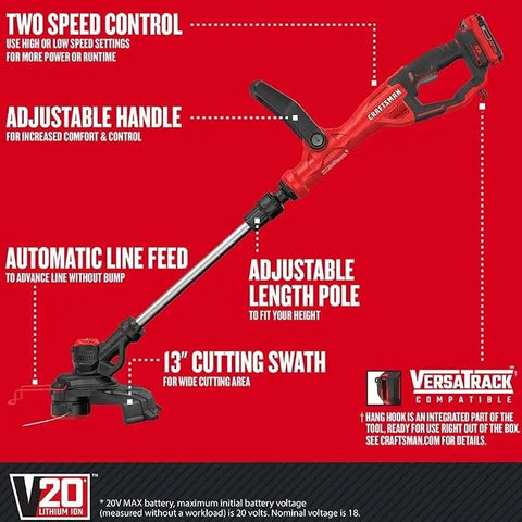 CRAFTSMAN V20 Weed Wacker Cordless String Trimmer and Edger, Weed Eater Includes 2.0 Ah Battery and Charger, Lightweight, Extended Runtime, 2 Speed (CMCST900D1)