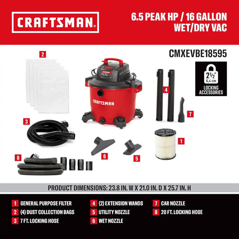 CRAFTSMAN CMXEVBE18595 16 Gallon 6.5 Peak HP Wet Dry Vac, Heavy-Duty Shop Vacuum Wet and Dry with Filter, 4 Dust Bags, 7 ft. Hose, 20 ft. Hose and Attachments for Home Projects & Renovations