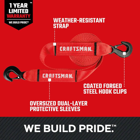 CRAFTSMAN 2" x 20' Tow Strap with Coated, Forged Steel Safety Clip Hooks | 9,000 lbs Break Strength, Coated Forged Steel Safety Clip Hooks, Weather-Resistant Strap, Emergency Flat Terrain Tow Solution