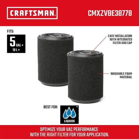 CRAFTSMAN CMXZVBE38778 Genuine 5-20 Gal. Wet Application Wet Dry Vac Filter | Fits Most 5 to 20 Gallon CRAFTSMAN Shop Vacuums, Easy Installation, Designed for High-Volume Liquid Pick-ups, 2-Pack