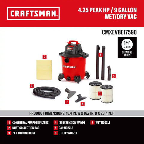 CRAFTSMAN CMXEVBE17590 9 Gallon 4.25 Peak HP Wet Dry Vac, Portable Shop Vacuum Wet and Dry with 2 Filters, Dust Bag, Hose and Attachments for Home, Garage and Automotive Cleaning