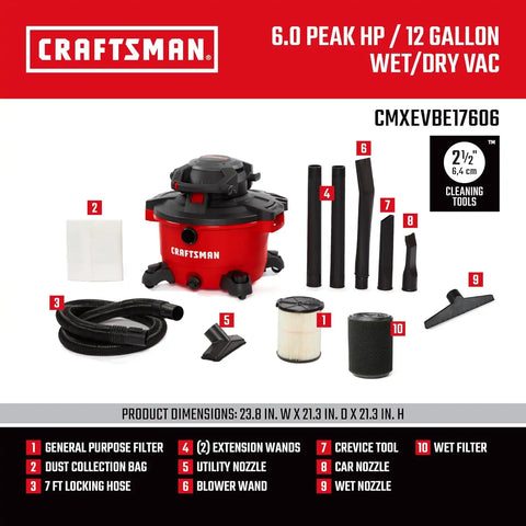 CRAFTSMAN CMXEVBE17606 12 Gallon 6.0 Peak HP Wet Dry Blower Vacuum Bundle