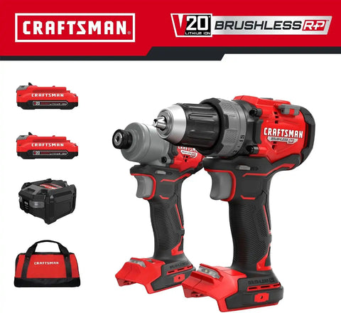 CRAFTSMAN V20 Brushless RP 1/2 inch Drill/Driver with 2 speed gear box, 1/4 inch Impact Driver, 2 Batteries and Charger Included (CMCK2530C2)