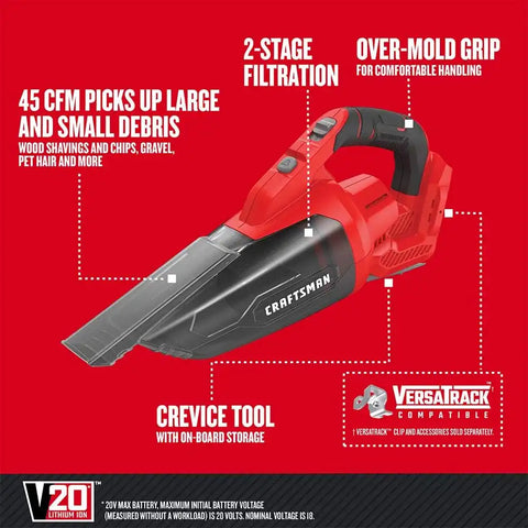 CRAFTSMAN V20 Cordless Hand Vacuum, 45 CFM, 2 Stage Filtration System with Filter, Bare Tool Only (CMCVH001B)