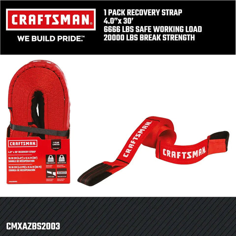 CRAFTSMAN 4" x 30' Heavy Duty Tow Recovery Strap with Loop Ends | 20,000 lbs Break Strength, Weather-Resistant Strap, Reinforced Looped Ends, Emergency Off-Road 4X4 Tow and Recovery Solution