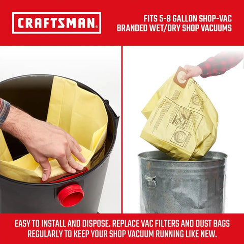 CRAFTSMAN CMXZVBE38775 5-8 Gal. Wet Dry Shop Vacuum Dust Collection Bags | For Fine Dust, Fits Most 5 to 8 Gallon Shop Vacuums, Collects Dry Fine Debris, Reduces Cleanup Time, 2-Pack