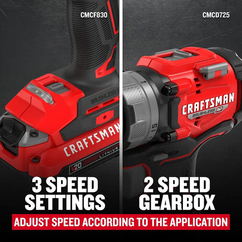 CRAFTSMAN V20 Brushless RP 1/2 inch Drill/Driver with 2 speed gear box, 1/4 inch Impact Driver, 2 Batteries and Charger Included (CMCK2530C2)