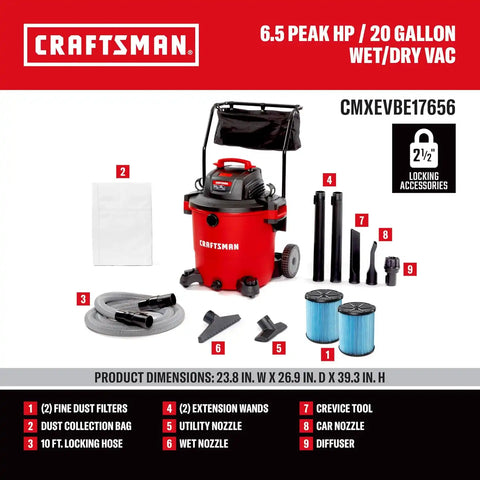 CRAFTSMAN CMXEVBE17656 20 Gallon 6.5 Peak HP Wet Dry Vac with Cart, Heavy-Duty Shop Vacuum Wet and Dry with 2 Fine Dust Filters, Dust Bag, Hose and Attachments for Shop, Garage, Jobsite Cleaning