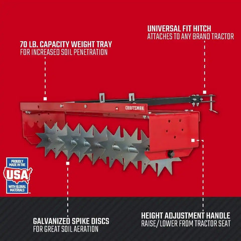 CRAFTSMAN (CMXGZBF7124336), 36-Inch Tow Spike Tow Behind Spike Aerator for Aerating Lawns; 9 Galvanized Steel Disks, 90lbs Capacity Weight Tray for Better Aeration, Universal Hitch, Red