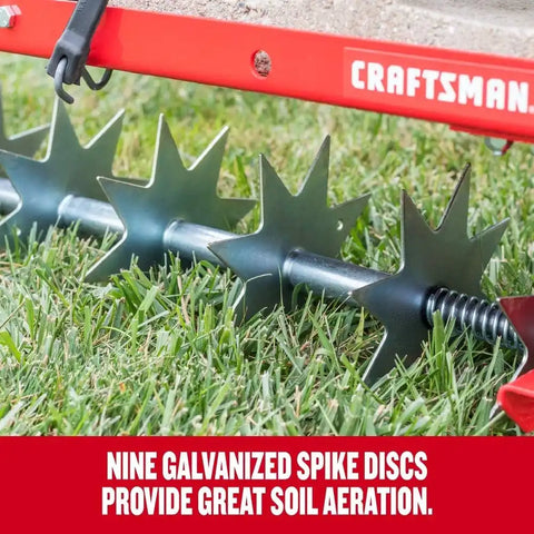 CRAFTSMAN (CMXGZBF7124336), 36-Inch Tow Spike Tow Behind Spike Aerator for Aerating Lawns; 9 Galvanized Steel Disks, 90lbs Capacity Weight Tray for Better Aeration, Universal Hitch, Red