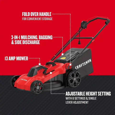 CRAFTSMAN Electric Push Lawn Mower, 20-Inch Deck, Corded, Powerful 13-AMP Motor, 6 Setting Height Adjustment, Winged Blades, 3 in 1 Bagging, Mulching and Discharge (CMEMW213)