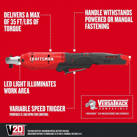 CRAFTSMAN V20 Cordless Ratchet Wrench Kit, 3/8 inch Drive, 300 RPM, up to 35 ft-lbs of Torque, Battery and Charger Included (CMCF930D1)