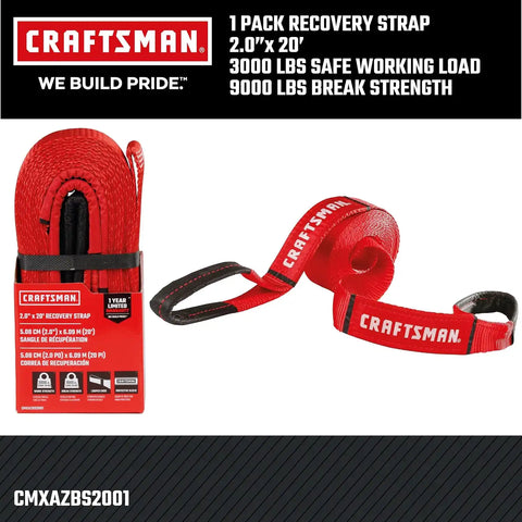 CRAFTSMAN 2" x 20' Tow Recovery Strap with Loop Ends | 9,000 lbs Break Strength, Weather-Resistant Strap, Reinforced Looped Ends, Emergency Flat Terrain Tow and Recovery Solution