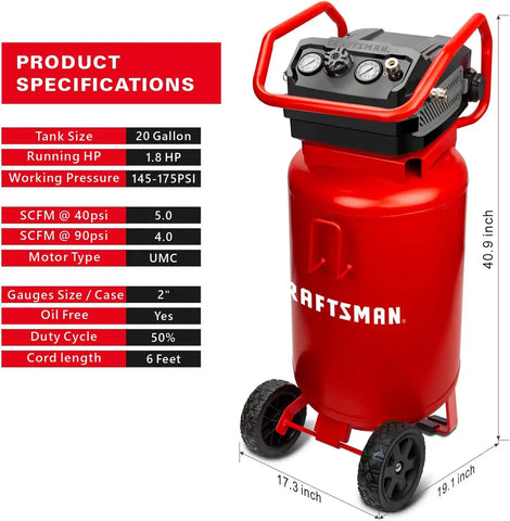 Craftsman Air Compressor, 20 Gallon Oil-Free 1.8 HP Max 175 PSI Pressure Two Quick Couplers Big Capacity, Red- CMXECXA0232043 | Dual Quick Couplers, 1.8HP, 5 CFM @ 40 PSI Air Compressor for Garage, Jobsite & Workshop