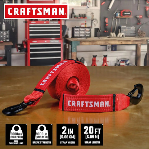 CRAFTSMAN 2" x 20' Tow Strap with Coated, Forged Steel Safety Clip Hooks | 9,000 lbs Break Strength, Coated Forged Steel Safety Clip Hooks, Weather-Resistant Strap, Emergency Flat Terrain Tow Solution