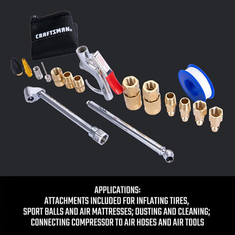 CRAFTSMAN 18-Piece Air Compressor Accessory Kit, Includes Blow Gun, Tire Inflator, Brass Fittings, and Storage Bag