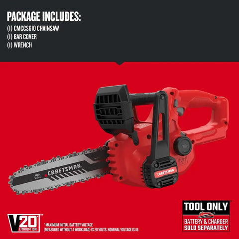 CRAFTSMAN V20 Mini Chainsaw, Cordless, 10 inch, Bare Tool Only (CMCCS610B)