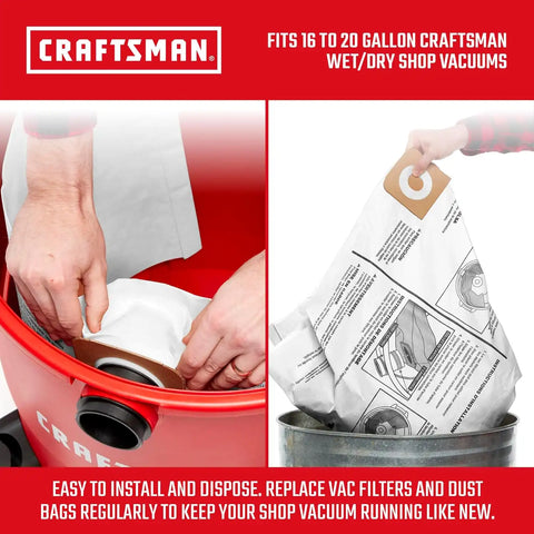 CRAFTSMAN CMXZVBE38749 Genuine 16-20 Gal. Wet Dry Vac Dust Collection Bags | For General Debris, Fits Most 16 and 20 Gallon CRAFTSMAN Shop Vacuums, Collects Dry Only Debris, Reduces Cleanup Time, 3-Pack