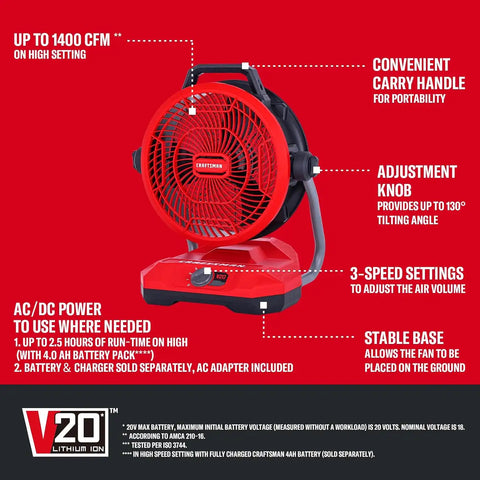 CRAFTSMAN V20 Cordless 12" Portable Fan, Battery Powered Fan, AC/DC Dual Supply, AC Adapter included, 1400 CFM, 3-Speed Settings, 130° Tilt for Garage, Workshop, Outdoor and Patio