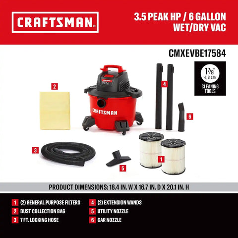 CRAFTSMAN CMXEVBE17584 6 Gallon 3.5 Peak HP Wet Dry Vac, Portable Shop Vacuum Wet and Dry with 2 Filters, Dust Bag, Hose and Attachments for Home, Garage and Automotive Cleaning