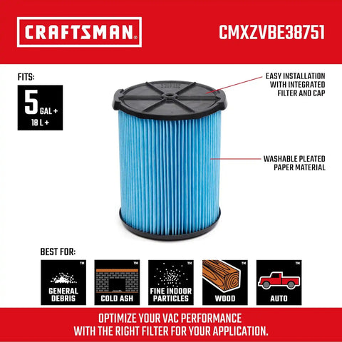 CRAFTSMAN CMXZVBE38751 Genuine 5-20 Gal. Fine Dust Wet Dry Vacuum Filter | Fits Most 5 to 20 Gallon CRAFTSMAN Shop Vacuums, Easy Installation and Traps Fine Particles