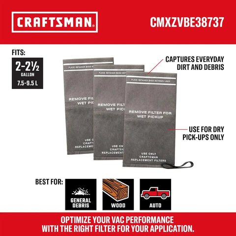 CRAFTSMAN CMXEVBE17250 2.5 Gallon 2.5 Peak HP Wet Dry Shop Vacuum Bundle | Portable Wet and Dry Vac with 4 Filter Bags, Retaining Band, Hose and Attachments for Cleaning in the Home