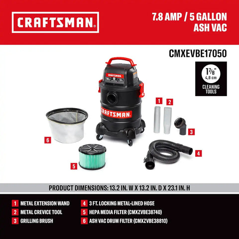 CRAFTSMAN CMXEVBE17050 5 Gallon 7.8 Amp Ash and Grilling Vacuum | Portable Dry Only Shop Vacuum with Drum Filter, Cartridge Filter, Hose and Attachments for Cool/Dry Ash Cleaning