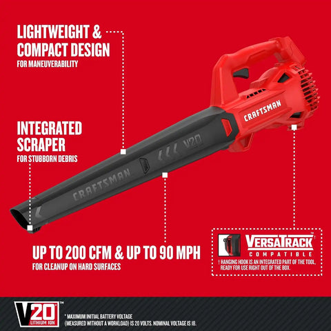 CRAFTSMAN V20 Leaf Blower Cordless with 4.0 Ah Battery and Charger, 90 MPH 200 CFM, Integrated Scraper, Lightweight, Easy Operation Handheld Blowers for Lawn Care (CMCBL710M1)
