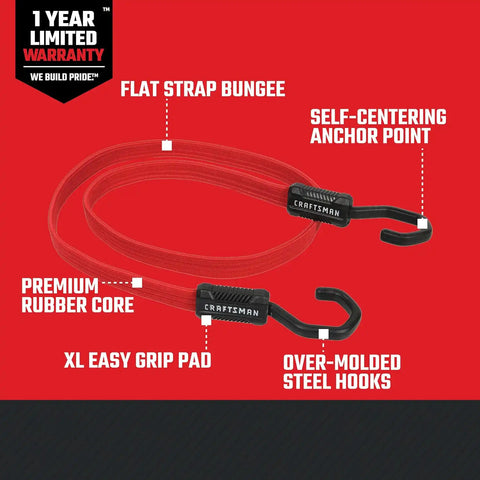 CRAFTSMAN 48" Flat Bungees with Self Centering X-Large Hooks, 32 Pack | XL Non Scratch Steel-Core Hooks, Textured Grip Pad, Easily Stretch and Secure Lightweight Gear, Trunk Cargo & Everyday Hauls